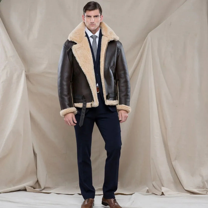 Male model wearing a Cockpit USA men's British RAF sheepskin bomber jacket