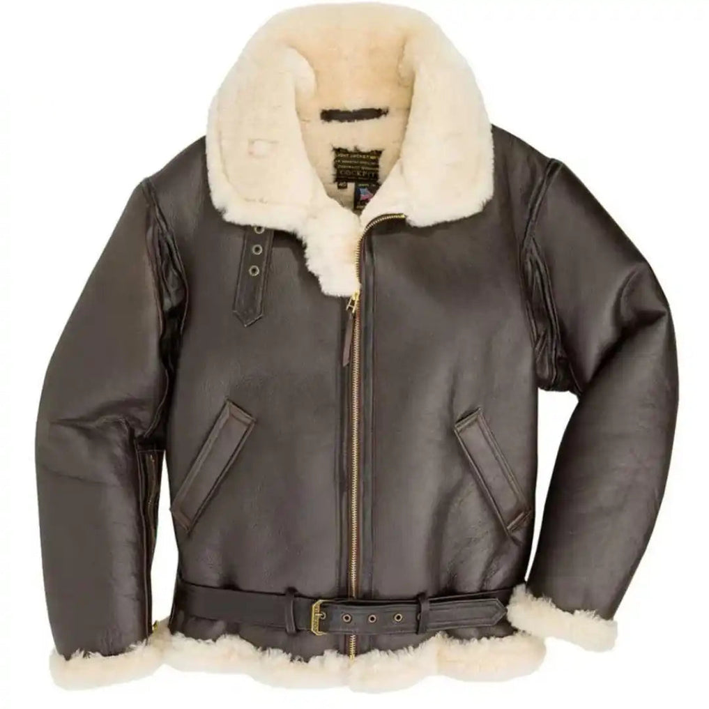 Front view of Cockpit USA Men's Champ Sheepskin Bomber Jacket with white shearling collar made in USA