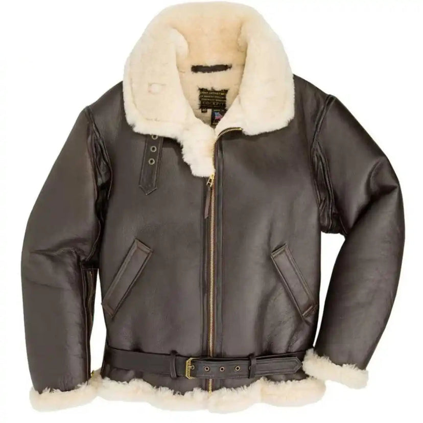 Front view of Cockpit USA Men's Champ Sheepskin Bomber Jacket with white shearling collar made in USA