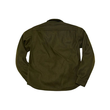 Back view of olive CPO shirt showing clean design and straight hem