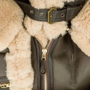 Close-up of collar, zipper, and sheepskin trim on Cockpit USA Men's Dunkirk RAF Bomber Jacket