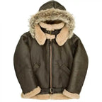 Front view of Cockpit USA Men's Dunkirk Hooded RAF Sheepskin Bomber Jacket, made in USA