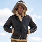 Model wearing Cockpit USA Men's Dunkirk RAF Bomber Jacket with hood up