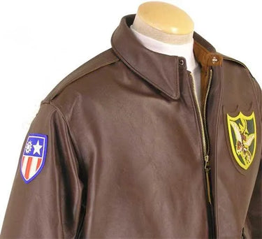 Side view of Flying Tigers A-2 Flight Jacket showing sleeve patch and collar details