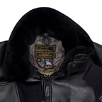 Black leather Cockpit USA men's G-1 antique lambskin leather flight jacket with a visible brand label on a white background