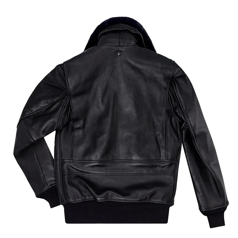 View from the back of a black Cockpit USA men's G-1 antique lambskin leather flight jacket