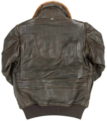 View of the back of a brown Cockpit USA men's G-1 antique lambskin leather flight jacket