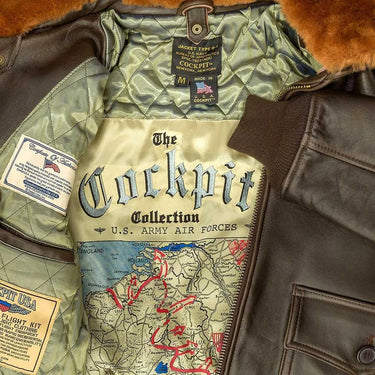 View of inside lining of a brown Cockpit USA men's G-1 antique lambskin leather flight jacket