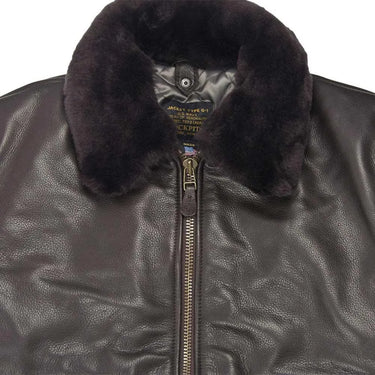 Close-up view of the fur collar and zipper details on the G-1 Calfskin Leather Jacket