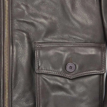 Close-up of front button-flap pocket detailing on the G-1 Calfskin Leather Jacket
