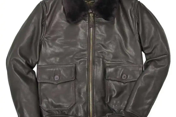 Front view of Cockpit USA Men's G-1 Calfskin Leather Flight Jacket showing button-flap pockets and fur collar