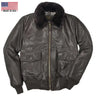 Front view of Cockpit USA Men's G-1 Calfskin Leather Flight Jacket showing button-flap pockets and fur collar