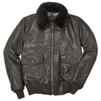 Front view of Cockpit USA Men's G-1 Calfskin Leather Flight Jacket showing button-flap pockets and fur collar