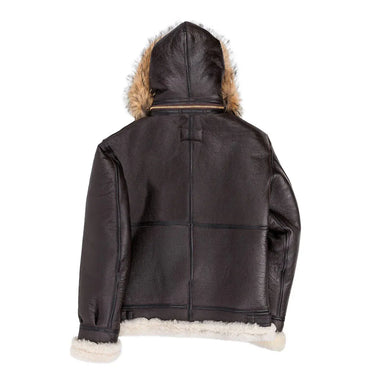 Front view of Cockpit USA Men's Hooded B-3 Bomber Jacket with cream shearling collar and cuffs