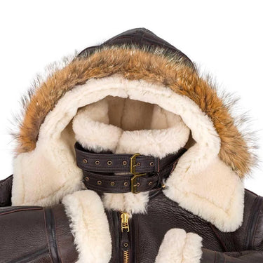 Back view of Hooded B-3 Sheepskin Bomber Jacket showing full hood and panel construction