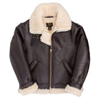 Interior view of Cockpit USA Men's Hooded B-3 Sheepskin Bomber Jacket with cream shearling lining and fur trim