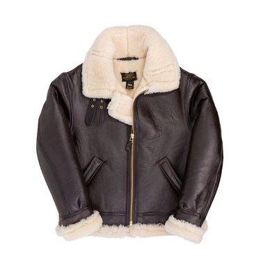 Interior view of Cockpit USA Men's Hooded B-3 Sheepskin Bomber Jacket with cream shearling lining and fur trim