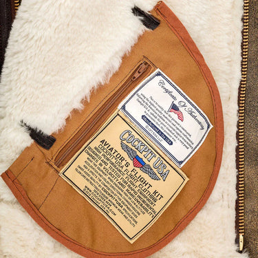 Close-up view of hood with coyote fur trim and double buckle throat latch on Hooded B-3 Jacket