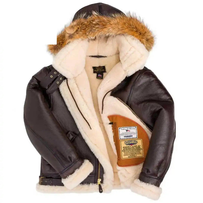 Cockpit USA Men's Hooded B-3 Sheepskin Bomber Jacket in brown sheepskin made in USA