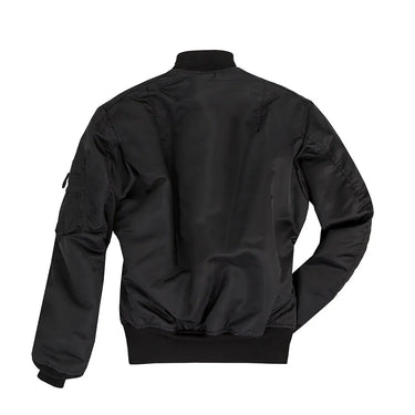 Back view of Cockpit USA Men's MA-1 Nylon Satin Flight Jacket in black