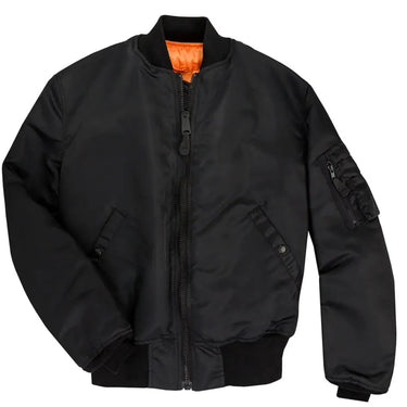 Front view of Cockpit USA Men's MA-1 Nylon Satin Flight Jacket in black