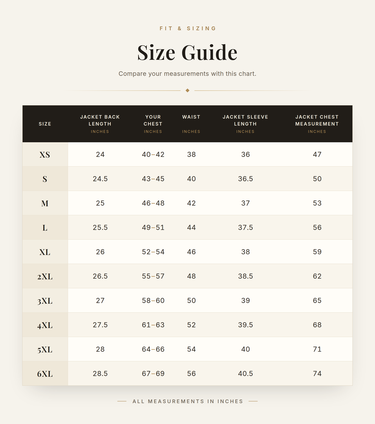 Cockpit USA Men's MA-1 Nylon Satin Flight Jacket — size chart