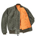 Interior view of Cockpit USA Men's MA-1 Nylon Flight Jacket in olive with bright orange lining