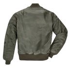 Back view of Cockpit USA Men's MA-1 Flight Jacket in olive green nylon, made in USA