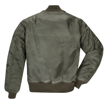 Back view of Cockpit USA Men's MA-1 Flight Jacket in olive green nylon