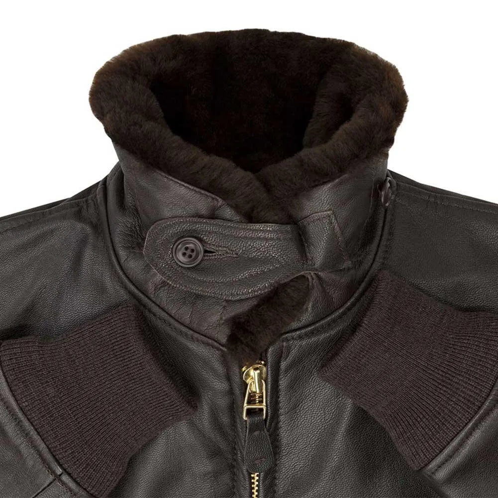 Seal-brown military-spec goatskin · genuine mouton collar