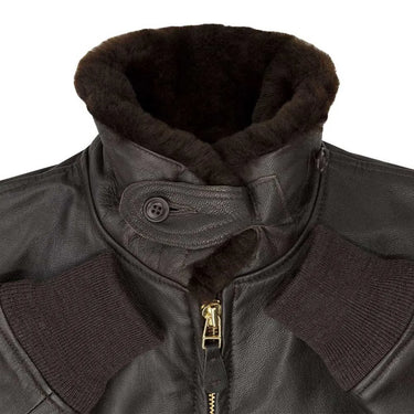 Close-up of collar with strap on Cockpit USA Men's Mil Spec G-1 leather jacket