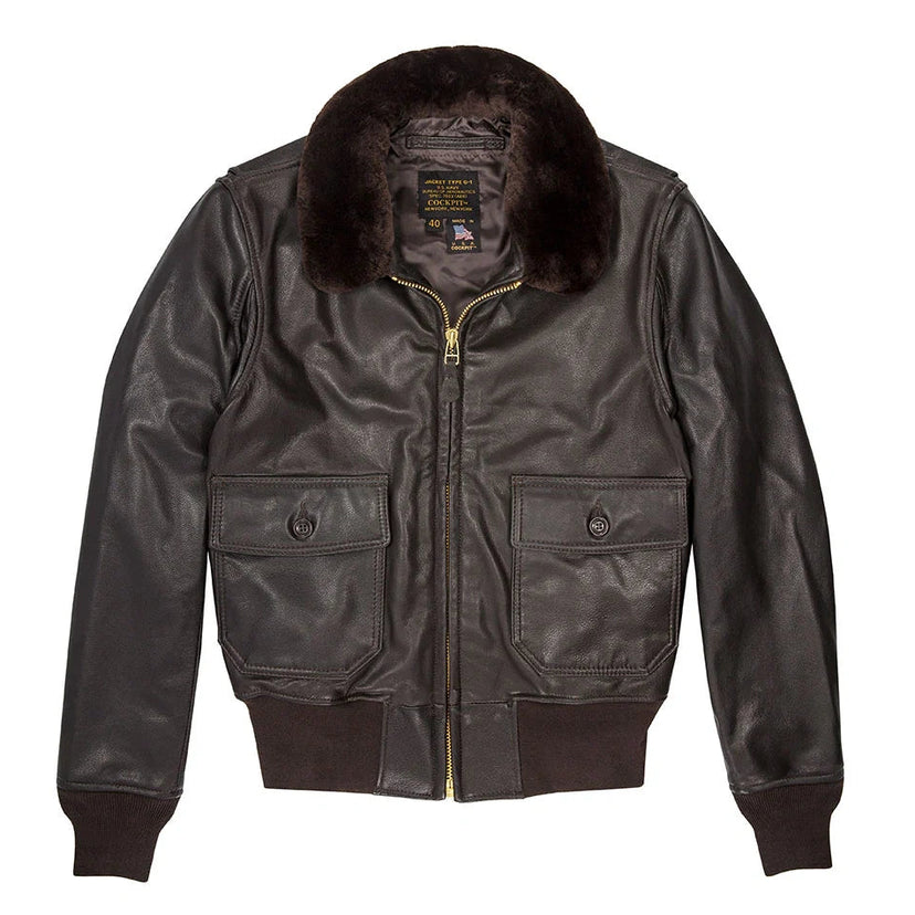 Front view of Cockpit USA Men's Mil Spec USN G-1 leather flight jacket made in USA