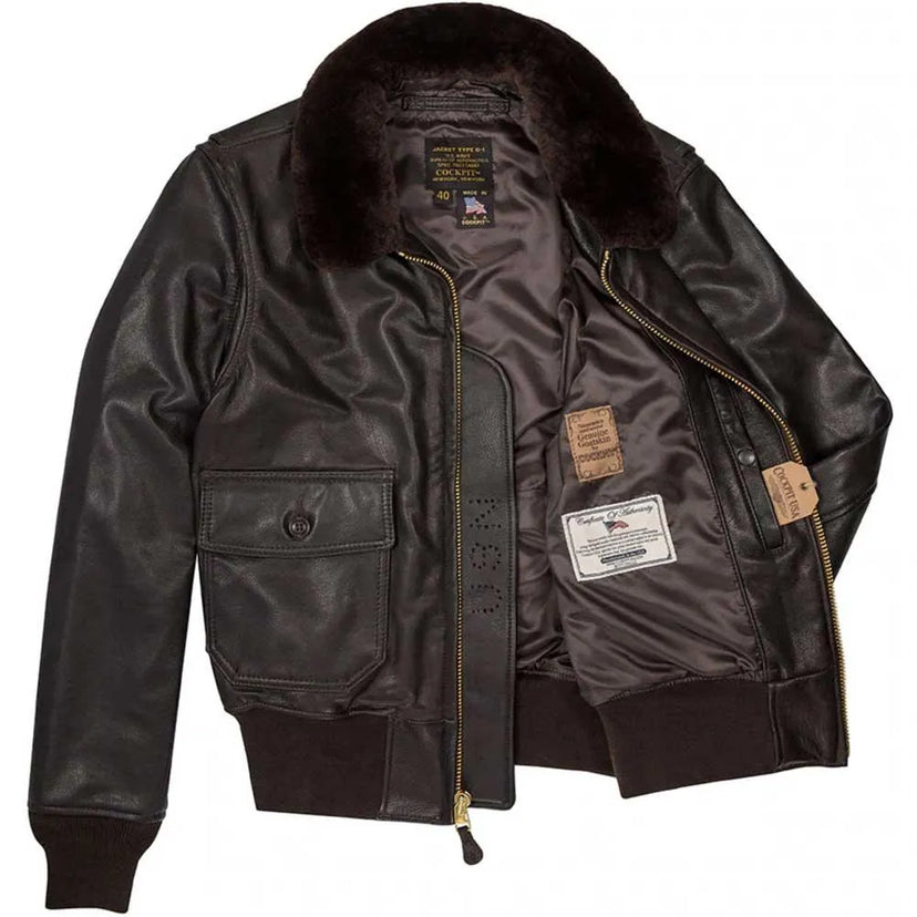 Interior view of Cockpit USA Men's Mil Spec USN G-1 flight jacket showing lining and tags