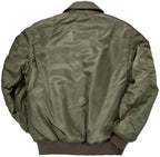 Back view of Cockpit USA Men's CWU-55/P Military Spec Flight Jacket in green, made in USA