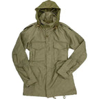Cockpit USA Men's M65 Field Jacket with hood up, showing full outer design, made in USA