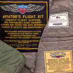 Interior label and Aviator’s Flight Kit patch on Cockpit USA Men's green CWU-55/P Flight Jacket