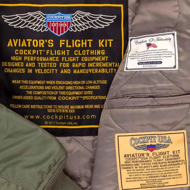 Interior label and Aviator’s Flight Kit patch on Cockpit USA Men's green CWU-55/P Flight Jacket