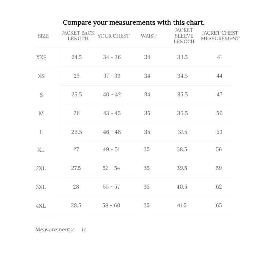 Cockpit USA Men's Military Spec Cold Weather Flight Jacket Insulated CWU-55/P — size chart