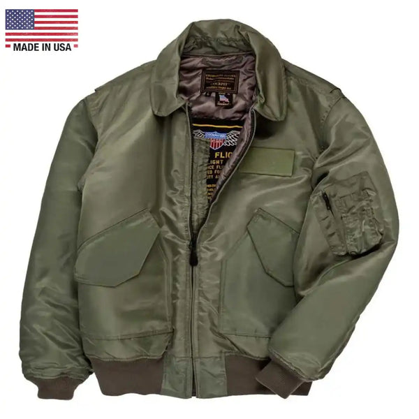 Front view of Cockpit USA Men's CWU-55/P Military Spec Flight Jacket in green, made in USA