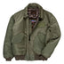 Front view of Cockpit USA Men's CWU-55/P Military Spec Flight Jacket in green, made in USA
