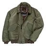 Front view of Cockpit USA Men's CWU-55/P Military Spec Flight Jacket in green, made in USA