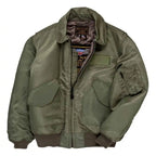 Front view of Cockpit USA Men's CWU-55/P Military Spec Flight Jacket in green, made in USA