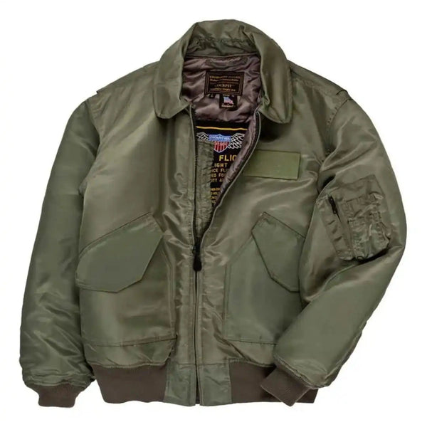 Front view of Cockpit USA Men's CWU-55/P Military Spec Flight Jacket in green, made in USA