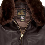 Close-up of Cockpit USA label and fur collar detail on Modified G-1 Flight Jacket