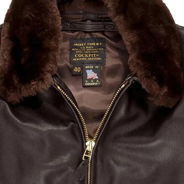 Close-up of Cockpit USA label and fur collar detail on Modified G-1 Flight Jacket