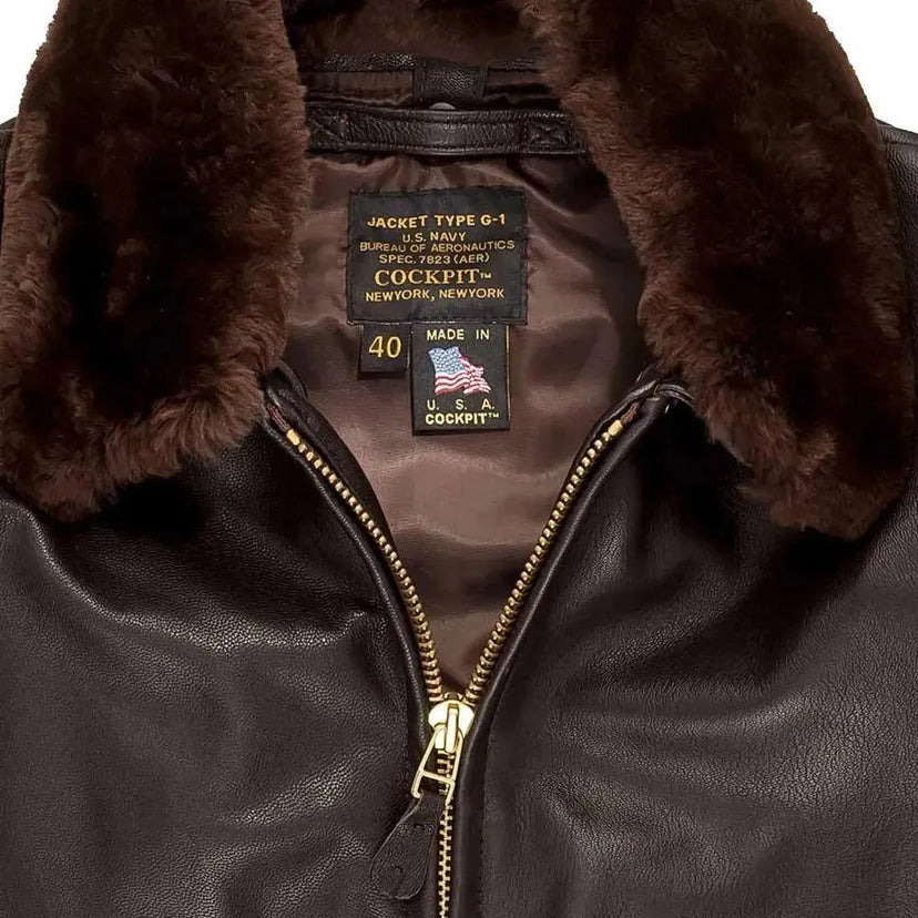 Close-up of Cockpit USA label and fur collar detail on Modified G-1 Flight Jacket
