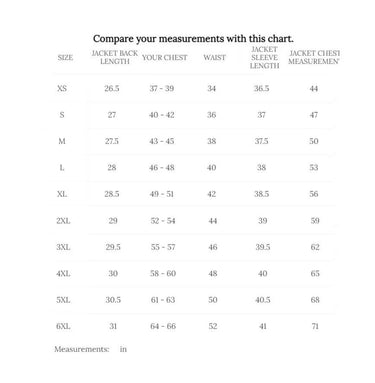 Size chart for Cockpit USA Men's Modified Raider Leather Flight Jacket with chest, sleeve, and waist measurements