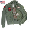 Front view of the Cockpit USA Sage Green Top Gun Maverick Movie Heroes Flight Jacket highlighting patch placement made in USA