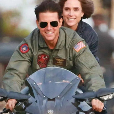 Male and Femael wearing Cockpit USA Mens Movie Heroes Top Gun Nylon Flight Jacket on motorcycle ride