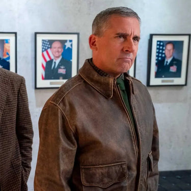 Steve Carell in Space Force wearing the Cockpit Mustang Leather Flight Jacket.